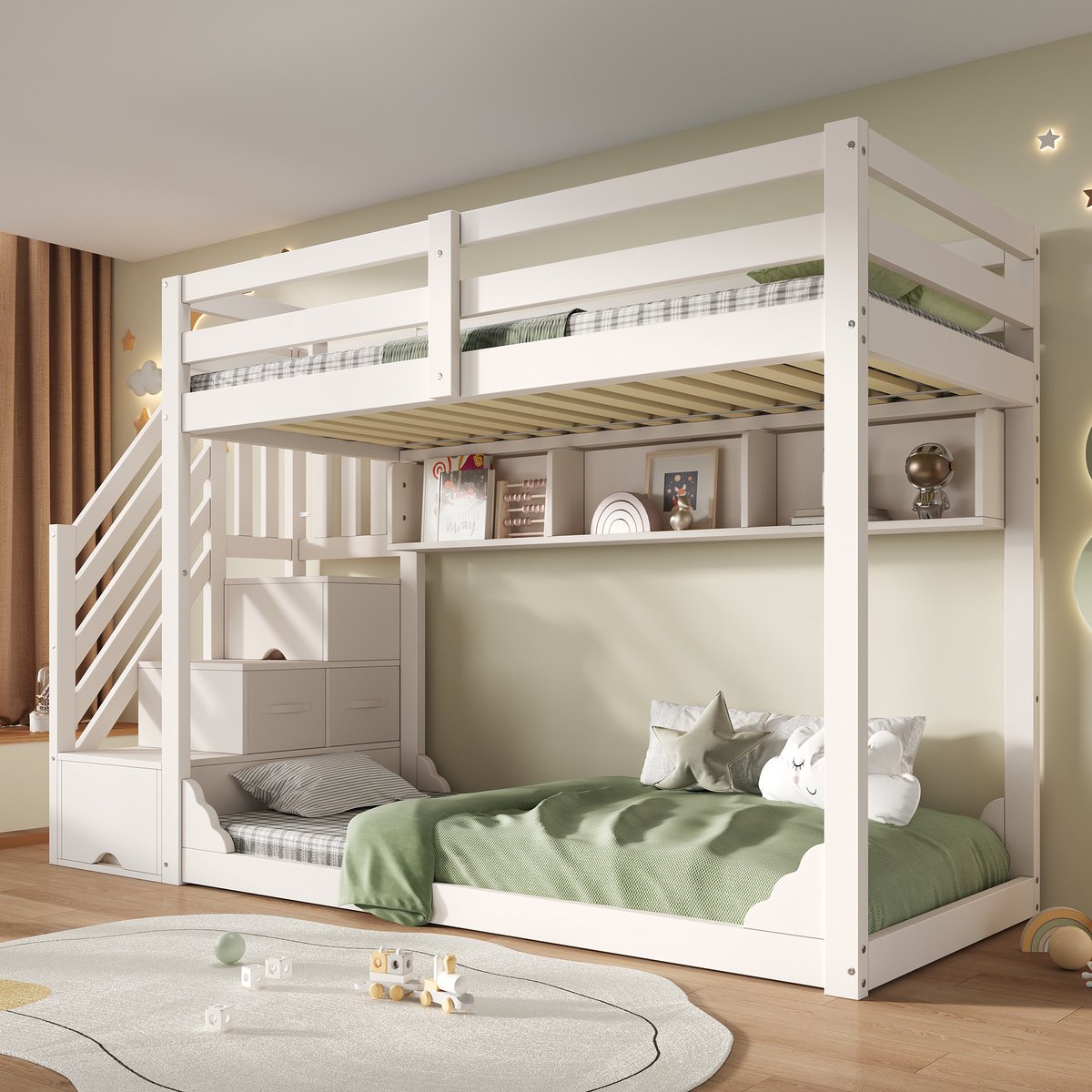 Stapelbed voor Kinderen 90x200 cm wit met Trapkast en Opbergruimte, Ruimtebesparend Houten Kinderbed voor Broers en Zussen met Beugels en Opbergvakken, Zonder Matras