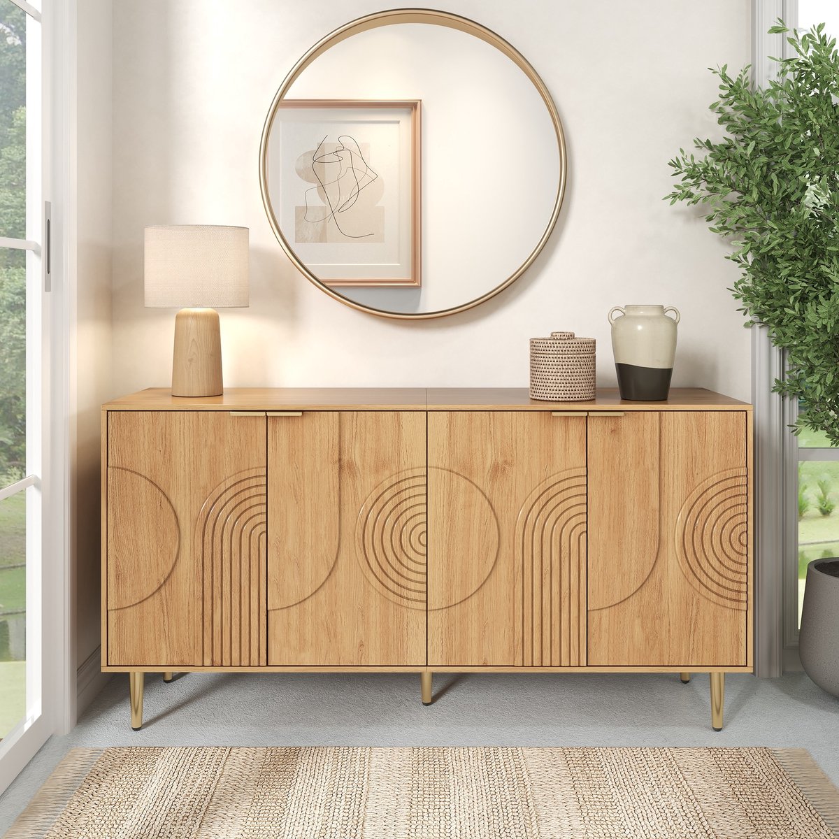 REDOM Dressoir 140 x 40 x 72 cm – Buffetkast Met 4 Deuren En Verstelbare Legplanken – Ruime Opbergkast Voor Woonkamer En Eetkamer – MDF – Naturel Natuurlijk