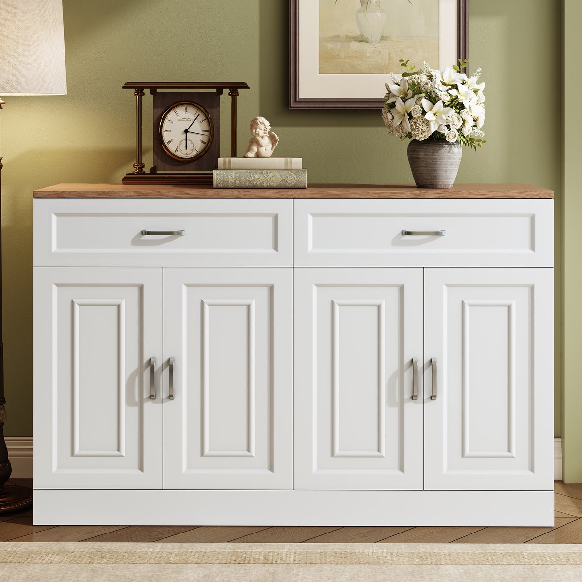 REDOM Sideboard - 4 Deuren En 2 Laden - Modern - Voor Woonkamer Of Hal - Spaanplaat - Wit En Houtkleur - 120 X 35 X 80,5 Cm