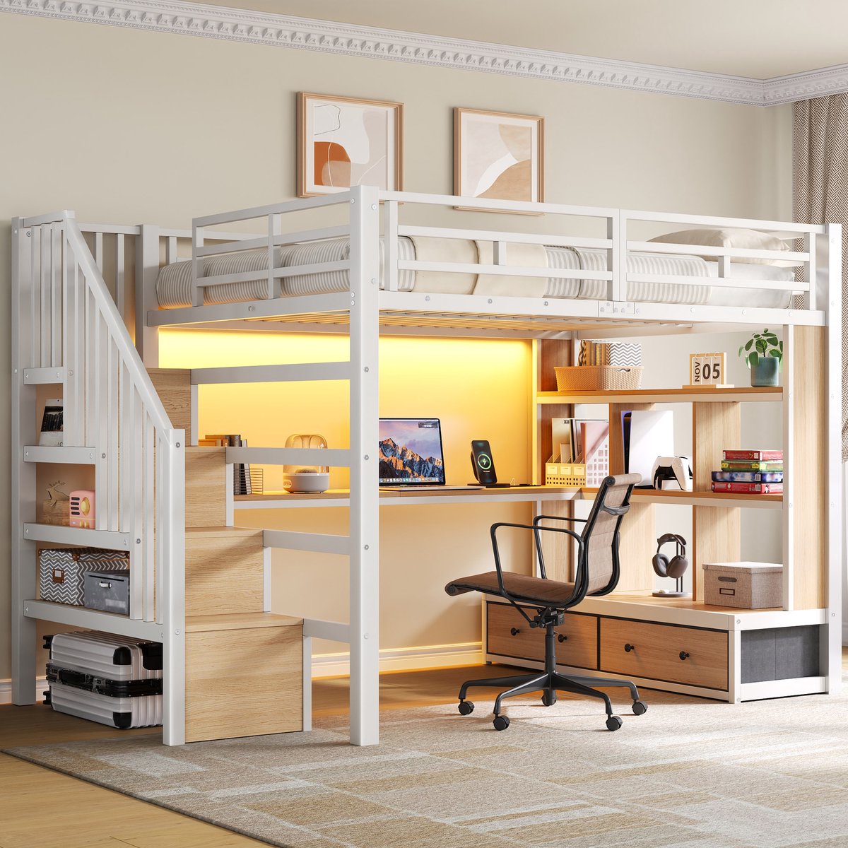 Wishdor – Hoogslaper met bureau, opbergtrap en 2 laden – 140 x 200 cm – MDF en metaal – Wit – 250 kg draagvermogen – Inclusief ledverlichting – Veilige reling