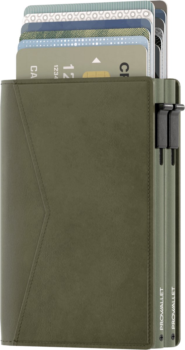 Prowallet Double - Olijfgroen - Pasjeshouder voor 14 Pasjes + Briefgeld - RFID Creditcardhouder - Inclusief Luxe Cadeaubox - Uitschuifbaar - Mannen en Vrouwen Portemonnee met Kaarthouder
