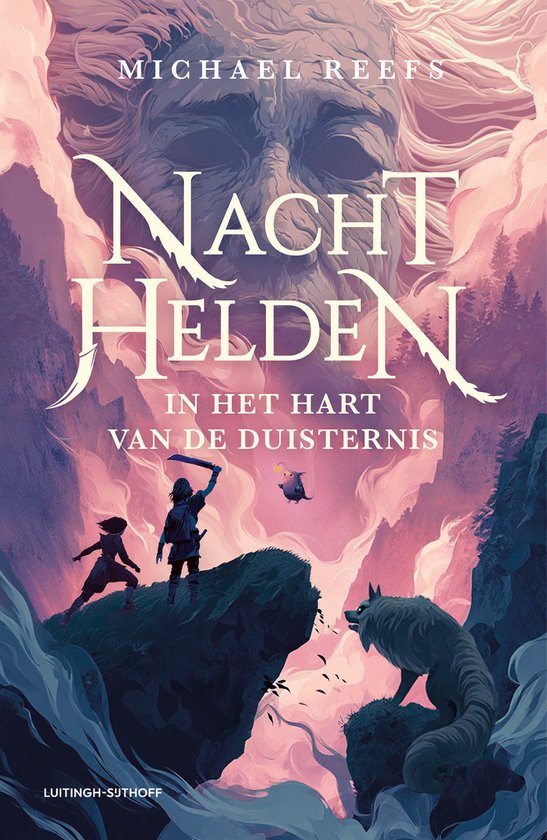 Boekomslag 'Nachthelden 1 - In het hart van de duisternis' door Michael Reefs. Twee kinderen met een zwaard en een wolf op een berg. Grote blauwe figuur op de achtergrond.