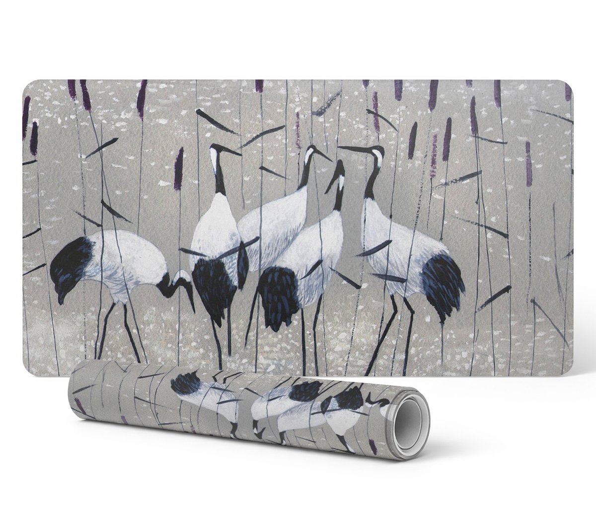Gaming muis- en toetsenbordmat met kraanvogels in riet, 120x60 cm