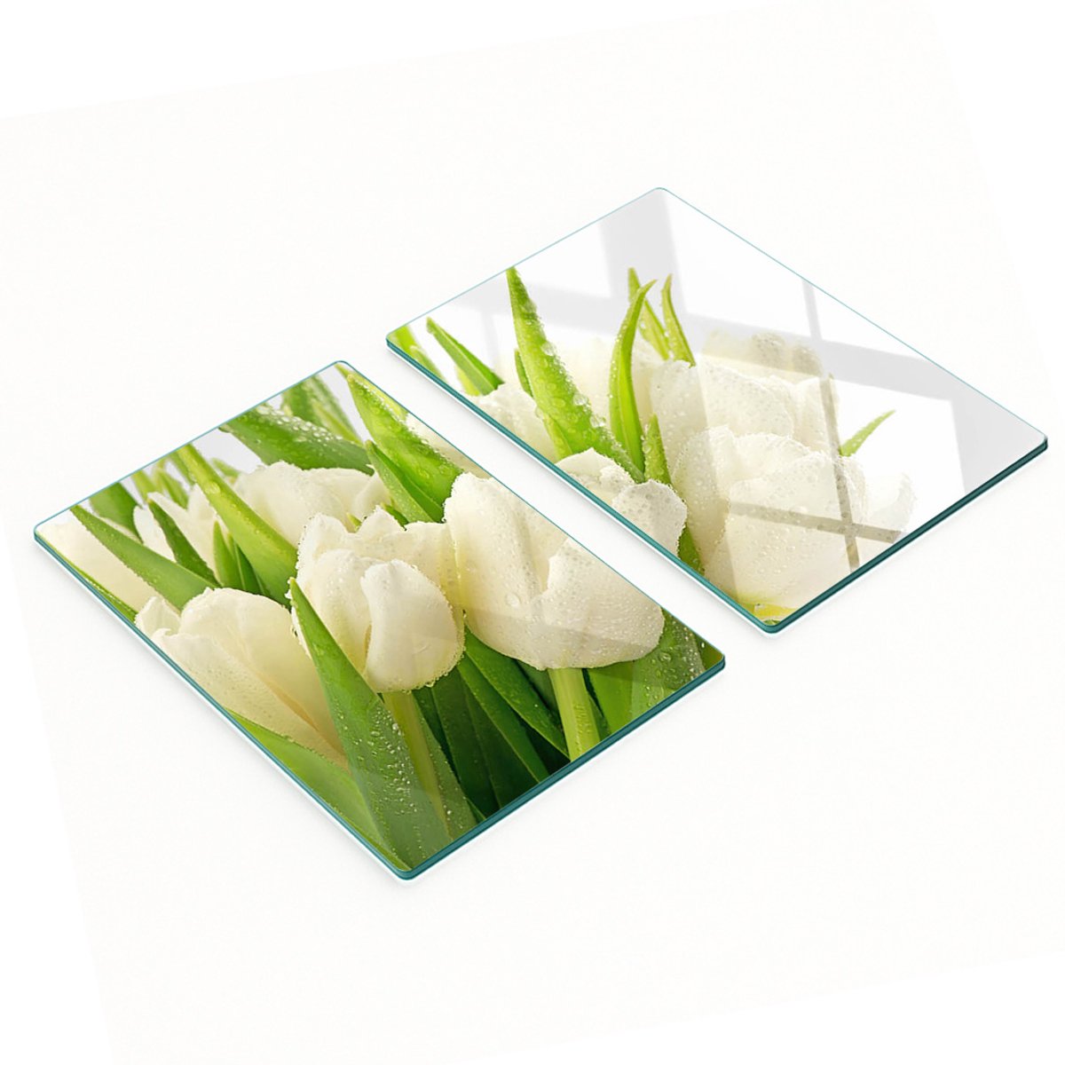 Decoratieve glazen snij- en serveerplanken met witte tulpenmotief, 2x40x52 cm