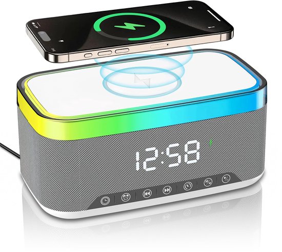 5-in-1 Bluetooth Speaker met Draadloze 15W Oplader, Digitale Wekker, LED Display & 6 Kleuren Sfeerverlichting
