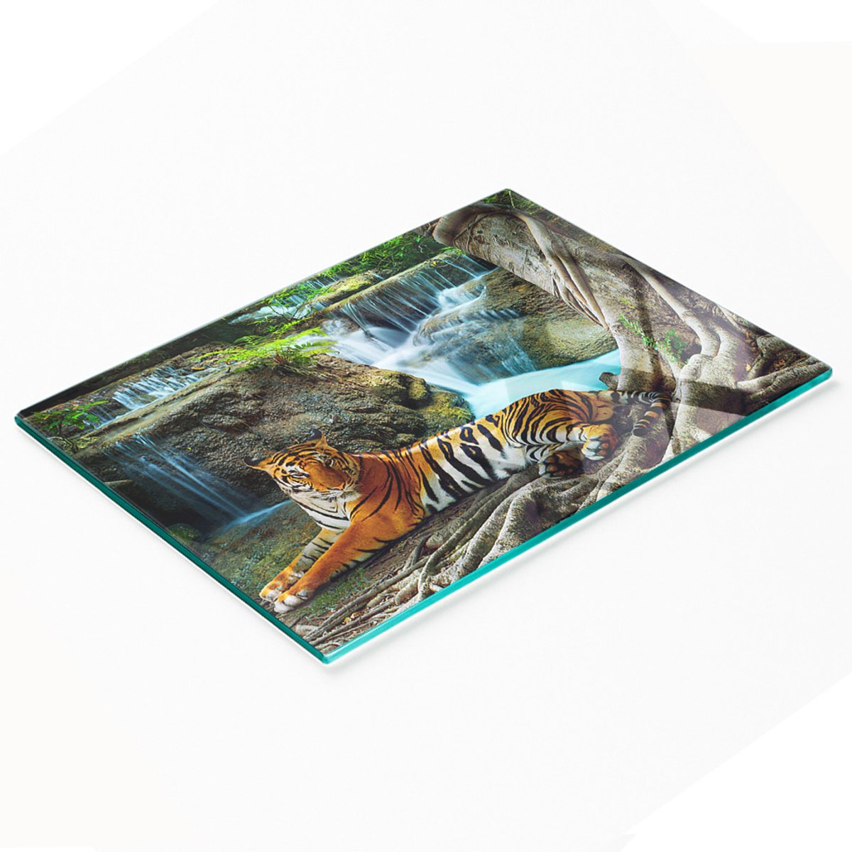 Glazen serveerplank met tijgerwatervalmotief, 80x52 cm
