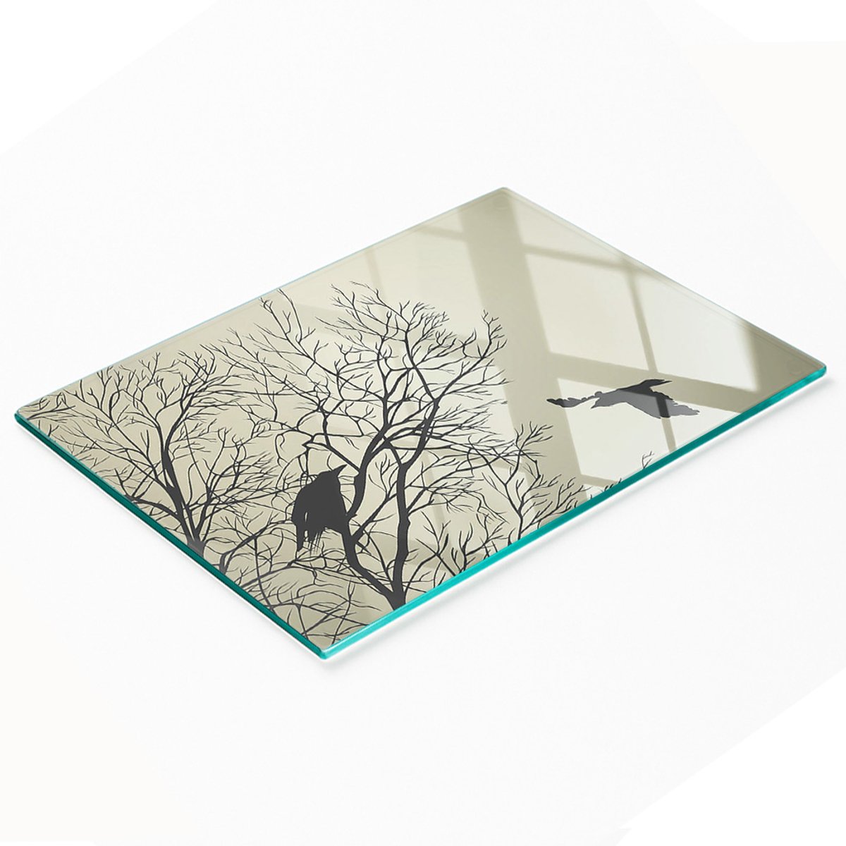 Decoratieve glazen keukensnijplank met raven op een boom, 80x52 cm