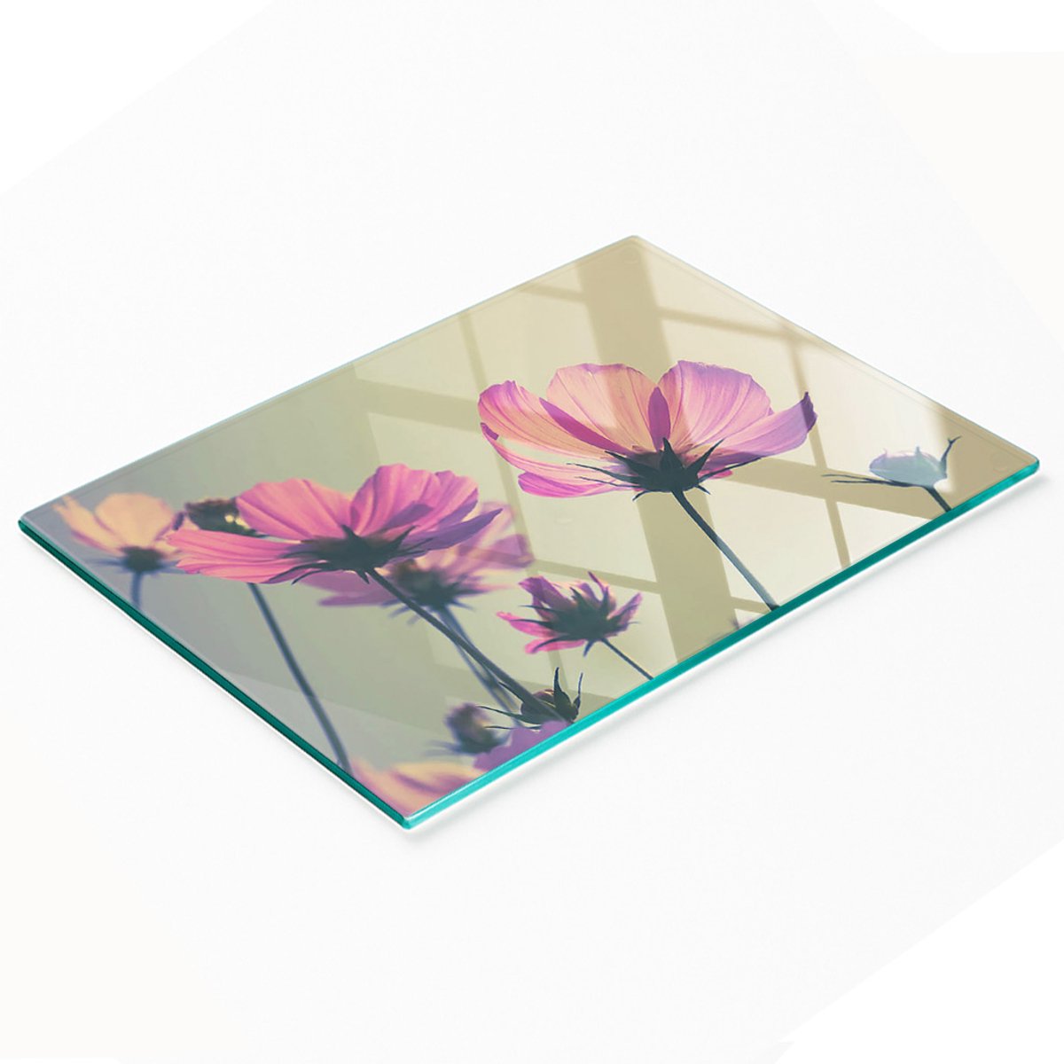 Keukenplank van gehard glas met decoratieve afbeelding van roze bloemen, 80x52 cm