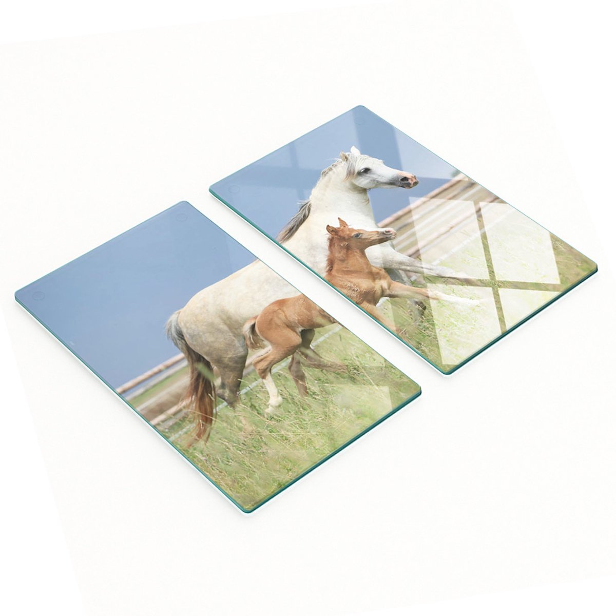 Keukenplanken van gehard glas met afbeelding van een merrie met een veulen, 2x30x52 cm