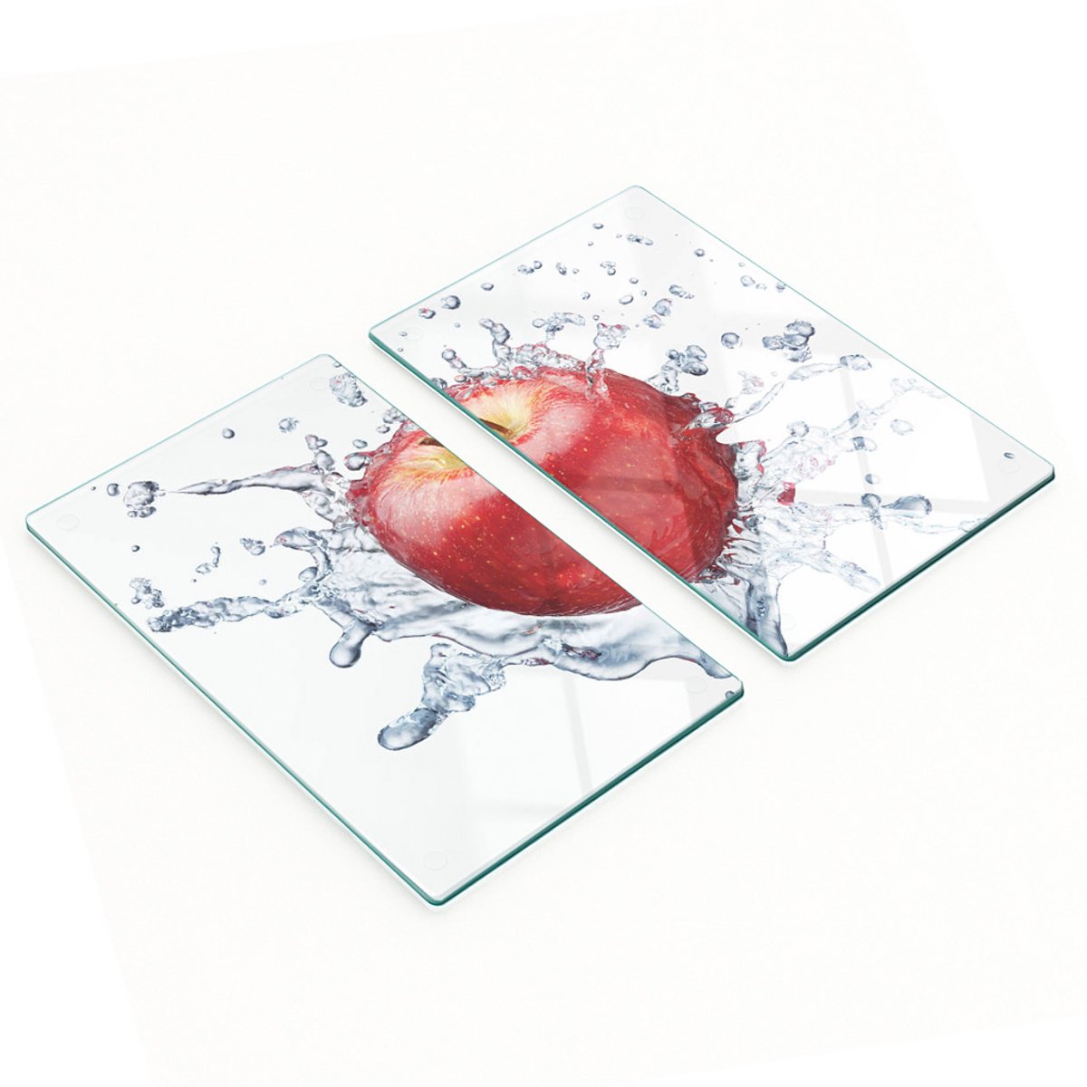 Glazen serveerplanken voor in de keuken met appel- en waterprint, 2x30x52 cm