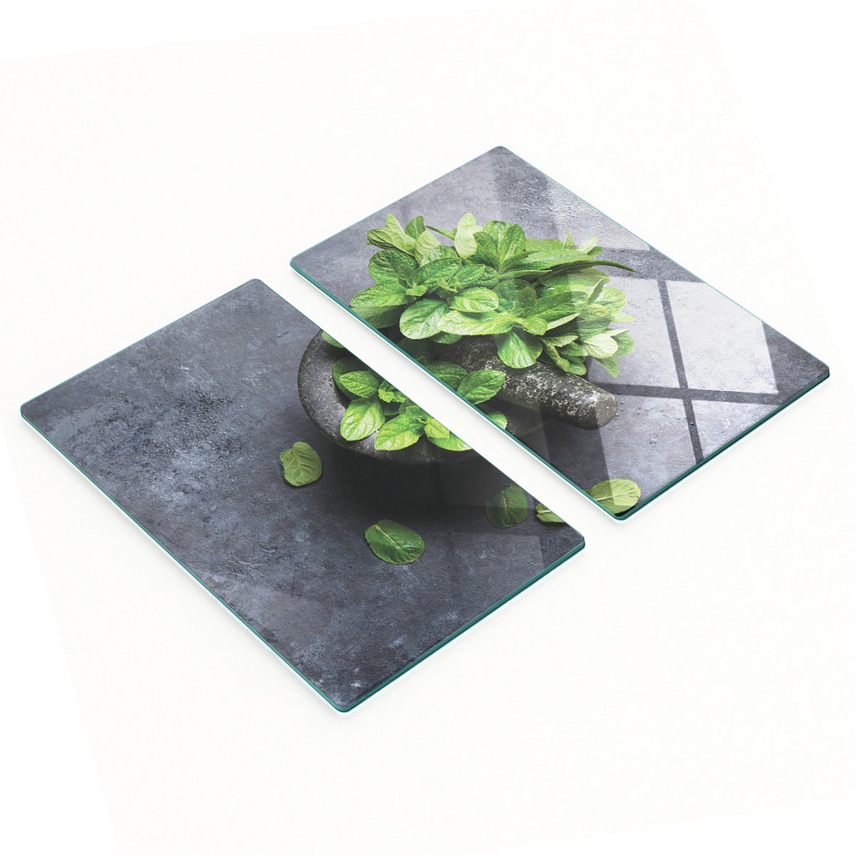 Stijlvolle en duurzame glazen borden met mintgroene opdruk en mortel, 2x30x52 cm