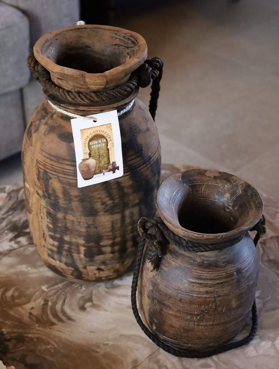 Set van 2 Nepalese houten kruiken met touw, 2 houten vazen kruiken potten