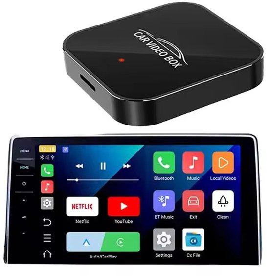 Draadloze CarPlay Android Auto Adapter Lordani Play2Video Pro met USB A/C, Android 12, Netflix en YouTube ondersteuning