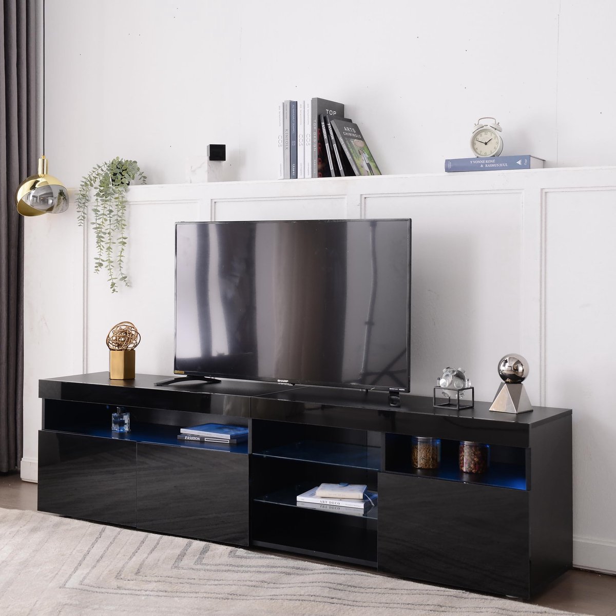 Sierra TV Meubel, TV-Kast 180 cm in Hoogglans Zwart, Met Ledverlichting en Veel Opbergruim