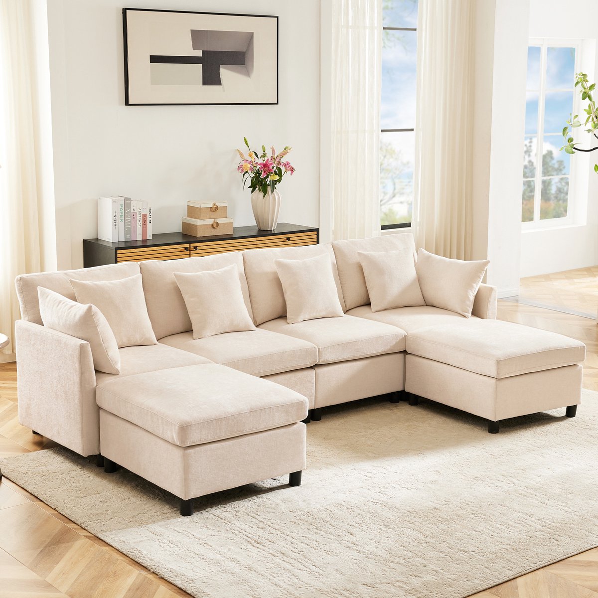 REDOM Modulaire Bank - U-Vorm En L-Vorm - Met 2 Hockers - Voor Woonkamer - Chenille - Beige - 278 X 161 X 81 Cm