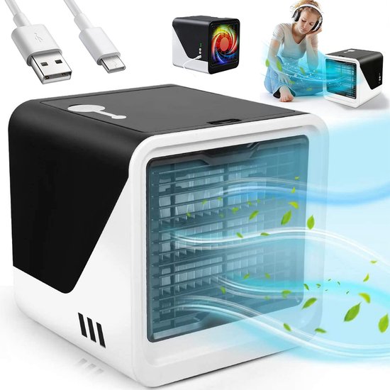 Mobiele airco ventilator 3 snelheden 500 ml waterreservoir USB koeler bevochtiger stille luchtzuiveraar zwart