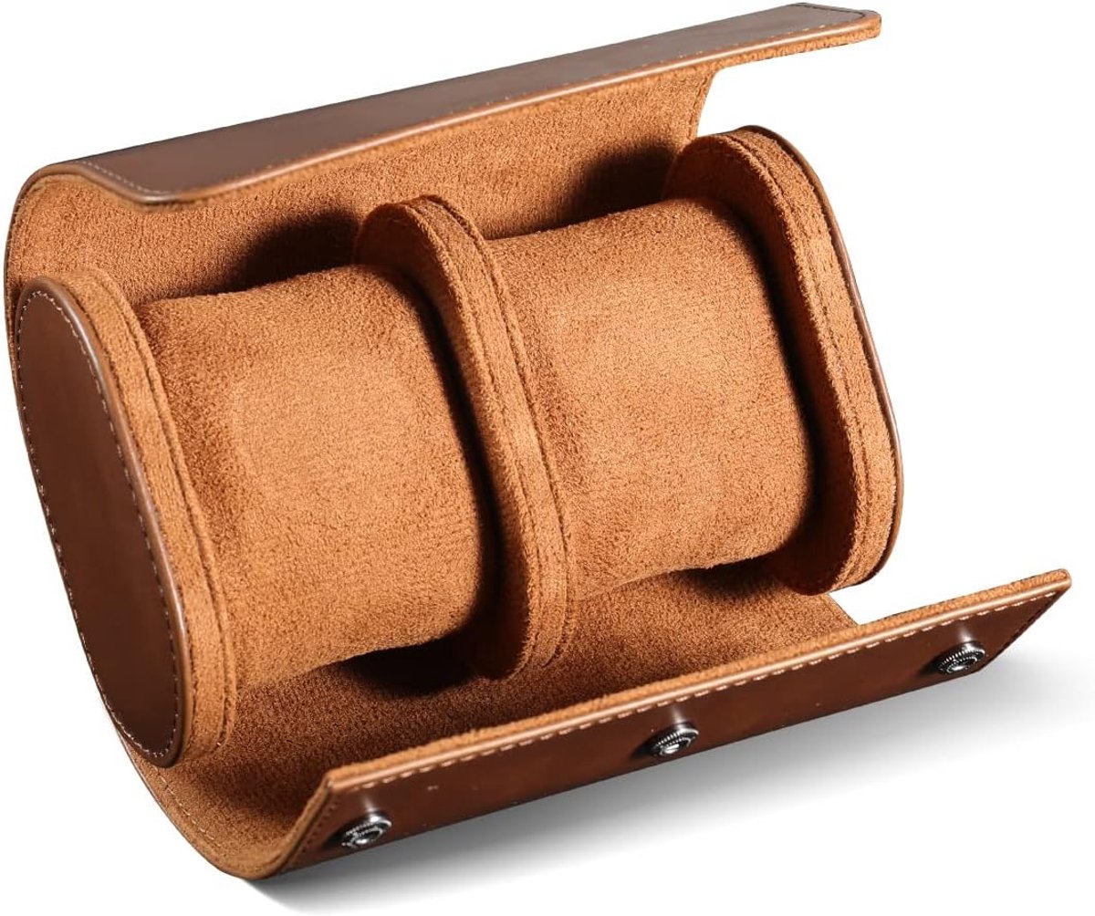Horloge-opbergcase - Dubbele Horlogerol - Leren Horlogedoos - Horloge-organizer voor Heren - Etui voor Twee Horloges - 15 x 7,5 x 8,5 cm - Bruin