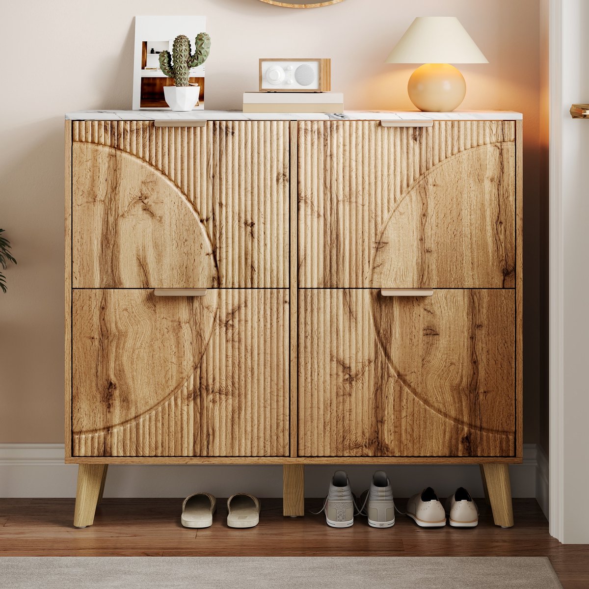 PHOEBE CAT Schoenenkast - Halmeubel - Houtlook - Marmerlook blad - Massief hout poten - Naturel + Wit