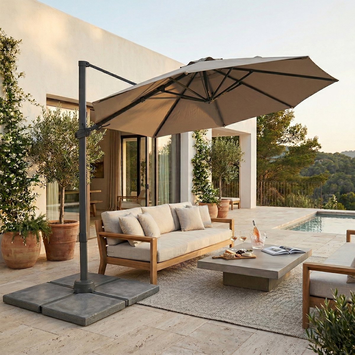 AXI Solis Zweefparasol Ø 300cm Antraciet/taupe incl. Hoes – Gepoedercoat frame met kruisvoet – 360° Draaibaar - Kantelbaar – foto 4