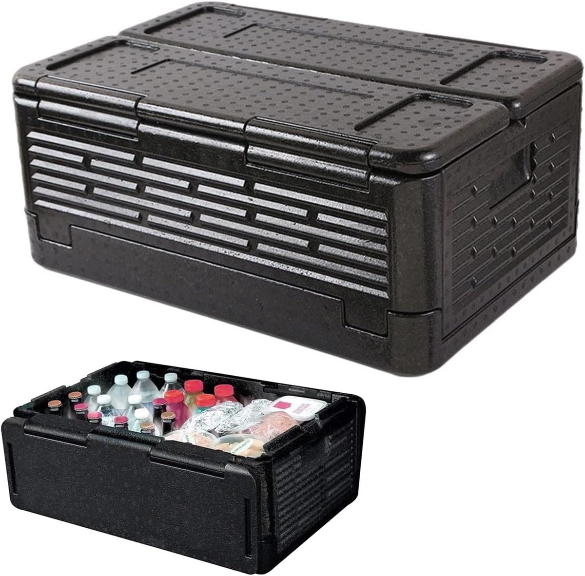 Opvouwbare Geïsoleerde Box - met Geïntegreerd Deksel - Multifunctionele Koelbox - Geschikt voor Kamperen en Picknicken - Handig voor Het Vervoeren van Etenswaren - 60 X 41 X 25 cm - Zwart