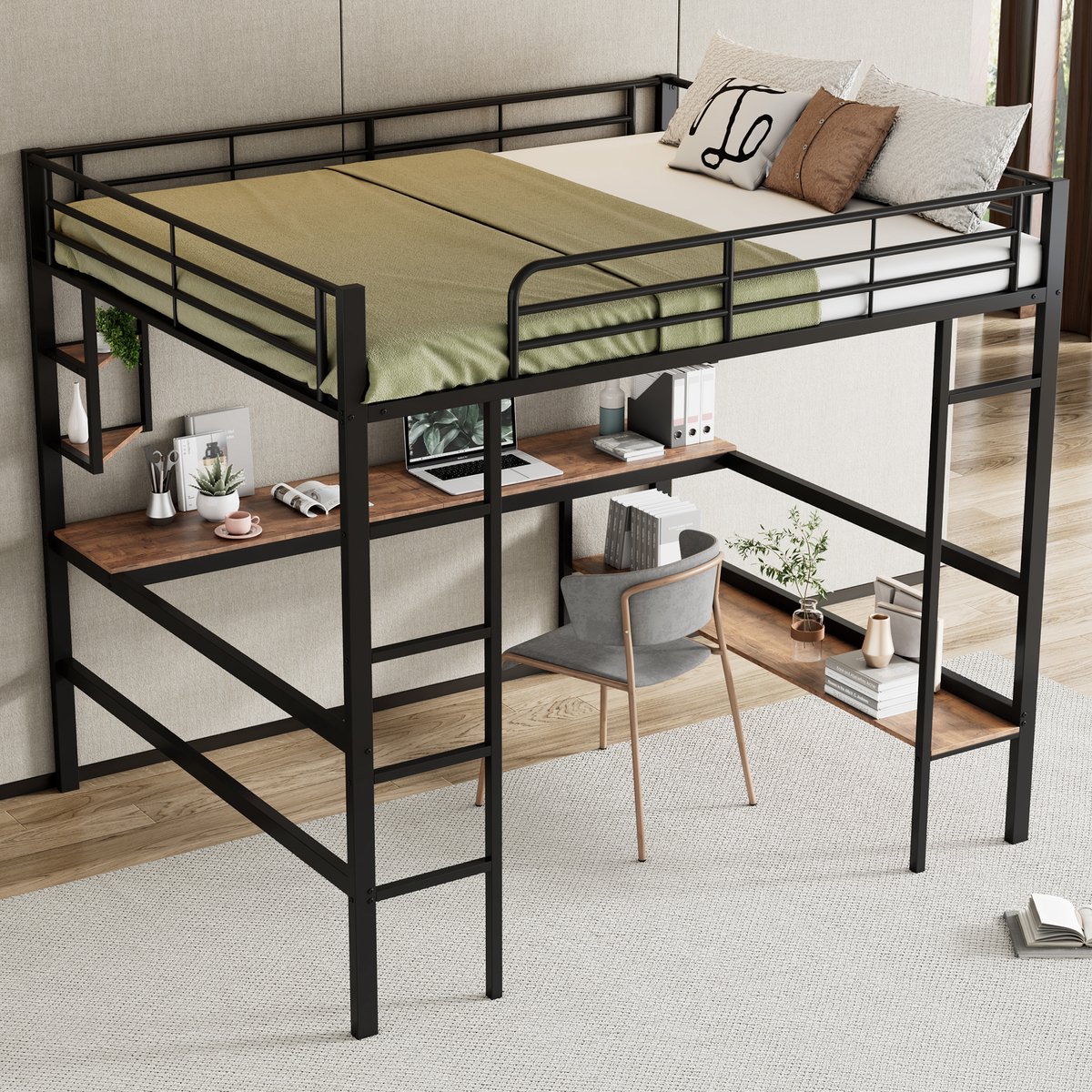 MODENUIT Hoogslaper 140x200 cm – Met Bureau en Boekenrek – Met 4 Hoekplanken – Zonder matras – Metaal en MDF – Zwart