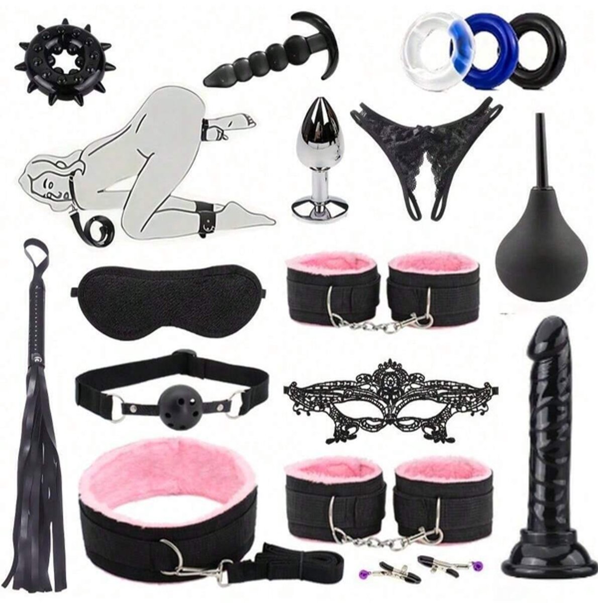 Oneay BDSM Extreme Bondage Set - 17 Delig -SM Handboeien - Dildo - Zweep / Anale plug / Tepelklemmen - Sex Toys voor Koppels - Seksspeeltjes voor mannen en vrouwen - Sex Pakket en Toys - Roze