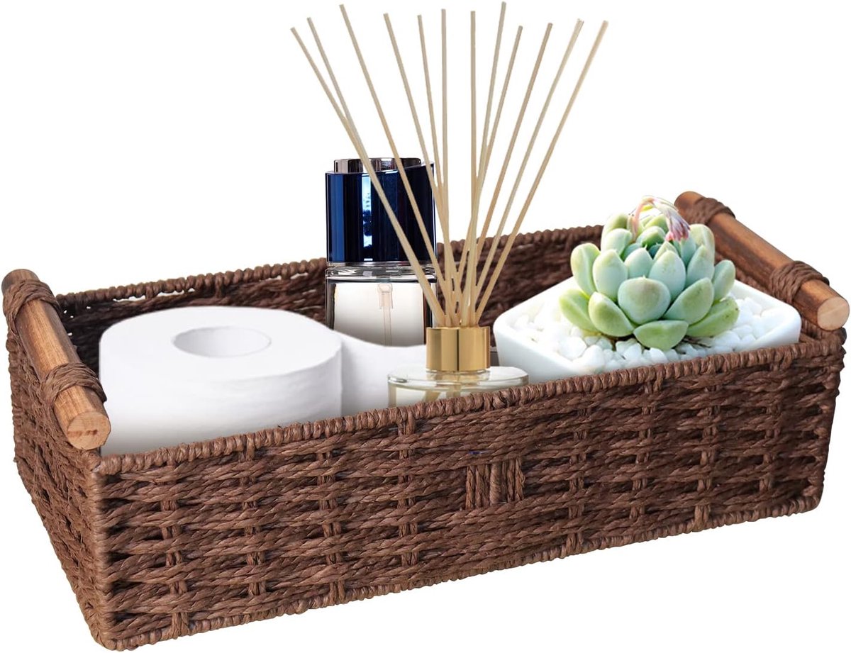 Daity Geweven opbergmand met handvat - opbergdoos voor bureau/salontafel - rotan opbergdoos 35*15*10cm