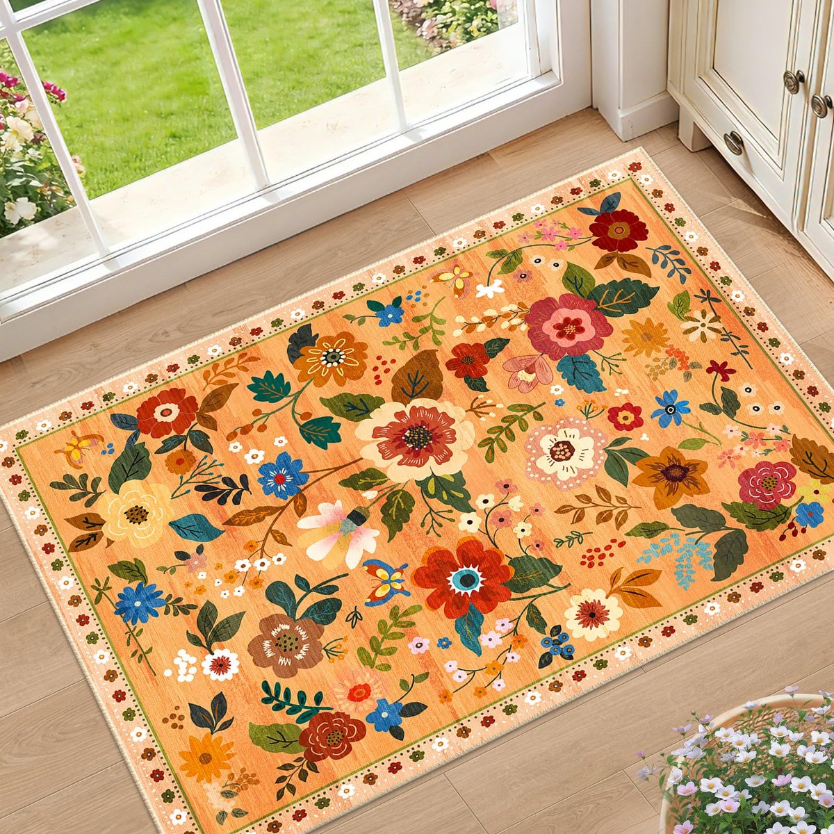Bloemen Vloermat Oranje 60x90cm – Wasbaar Boheems Fluweel Tapijt, Geschikt voor Woonkamer, Slaapkamer en Speelkamer