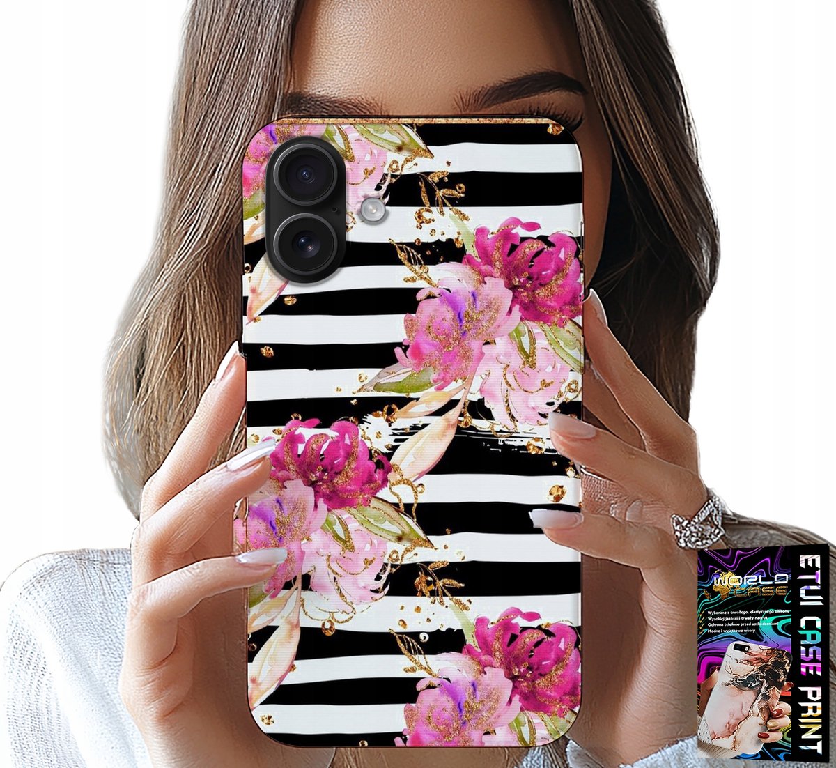 iPhone 16 Plus hoesje - Zwart-wit gestreept bloemenpatroon