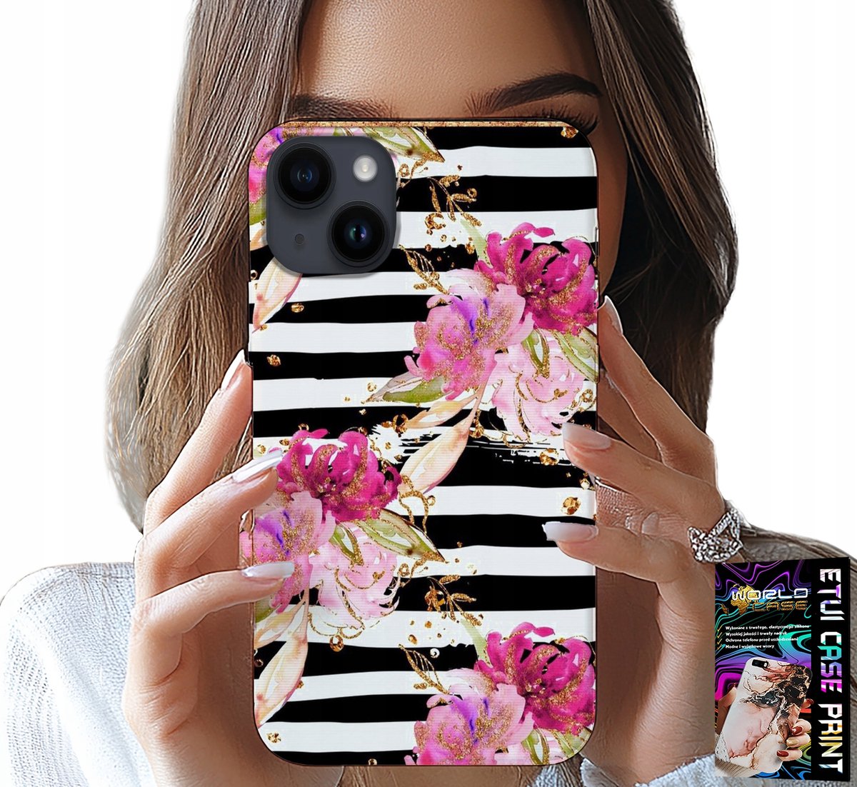 iPhone 15 Plus hoesje - Zwart-wit gestreept bloemenpatroon