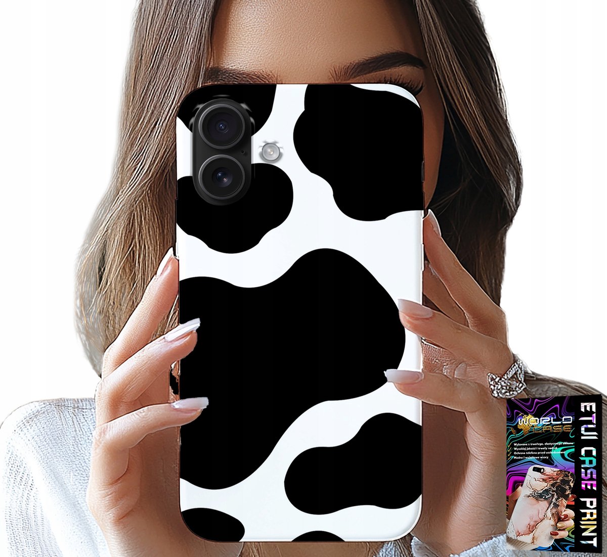 iPhone 16 hoesje - zwart-wit koeienpatches, trendy patronen