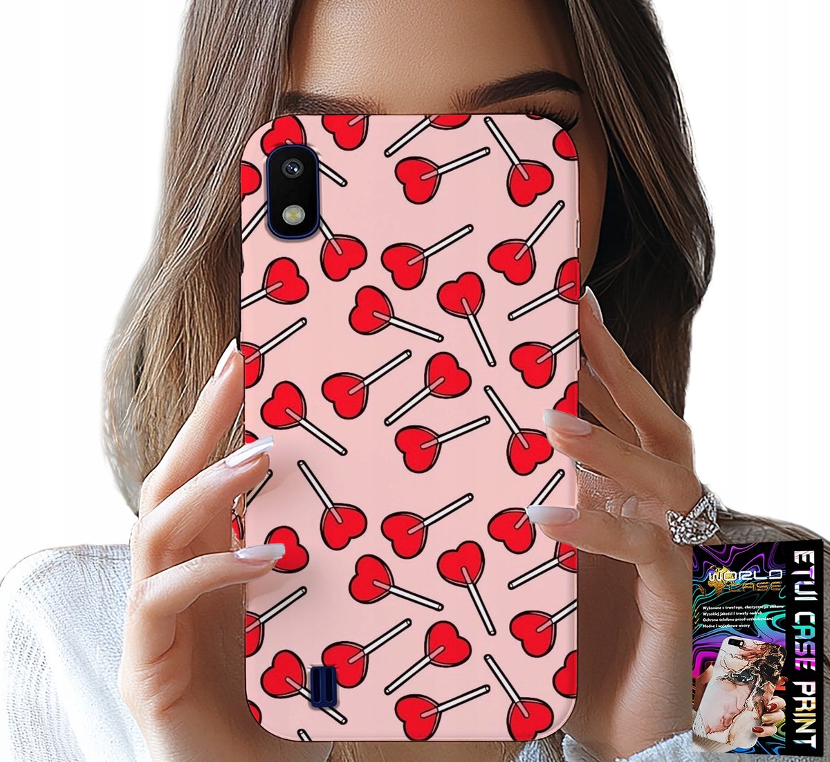 HOESJE VOOR SAMSUNG A10 - VROUWELIJKE, MODIEUZE PATRONEN, LOLLIPOPS EN HARTJES