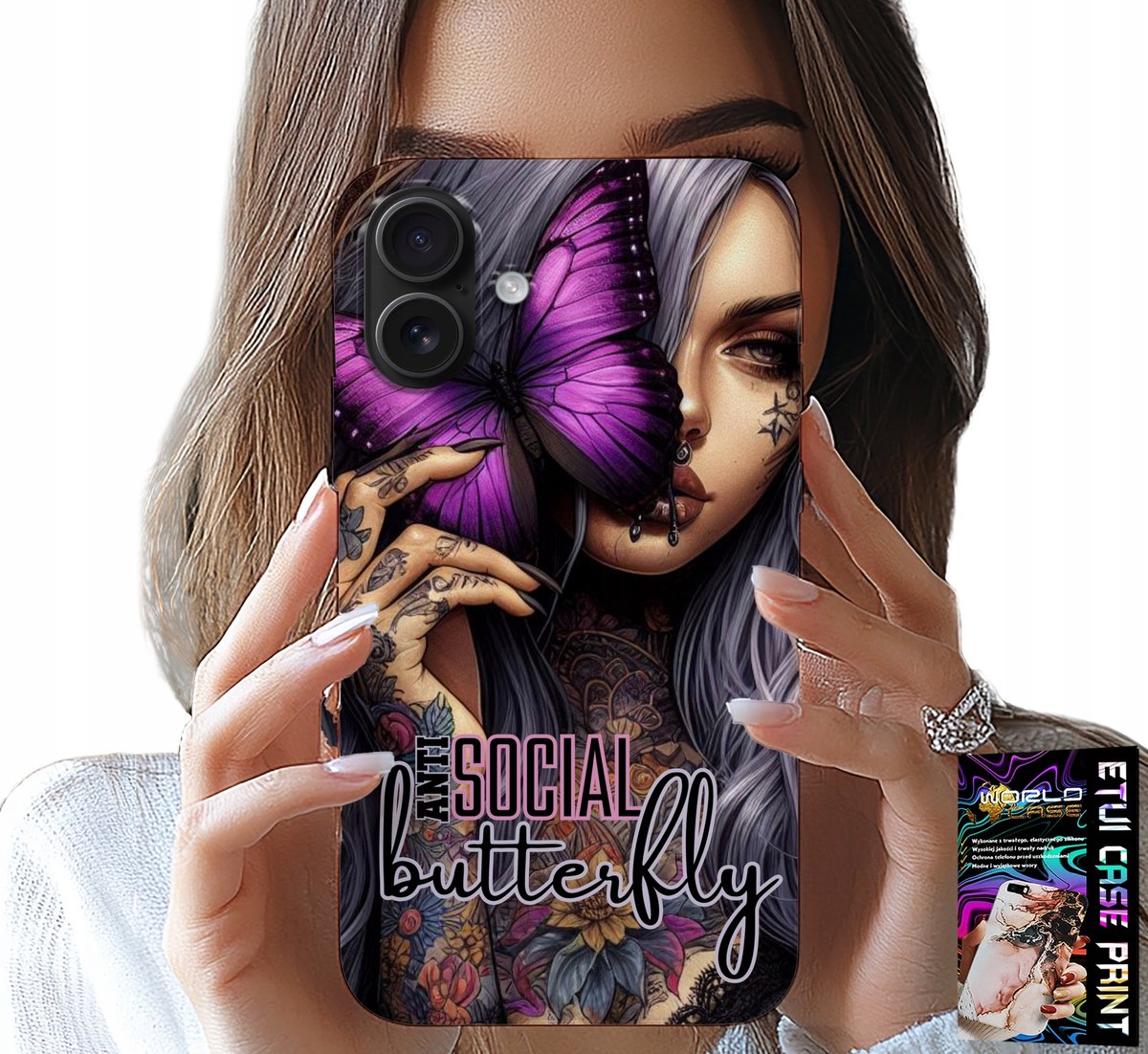 HOESJE VOOR IPHONE 16 PLUS - ANTI SOCIAL, VLINDER, ROZE VLINDER + GLAS