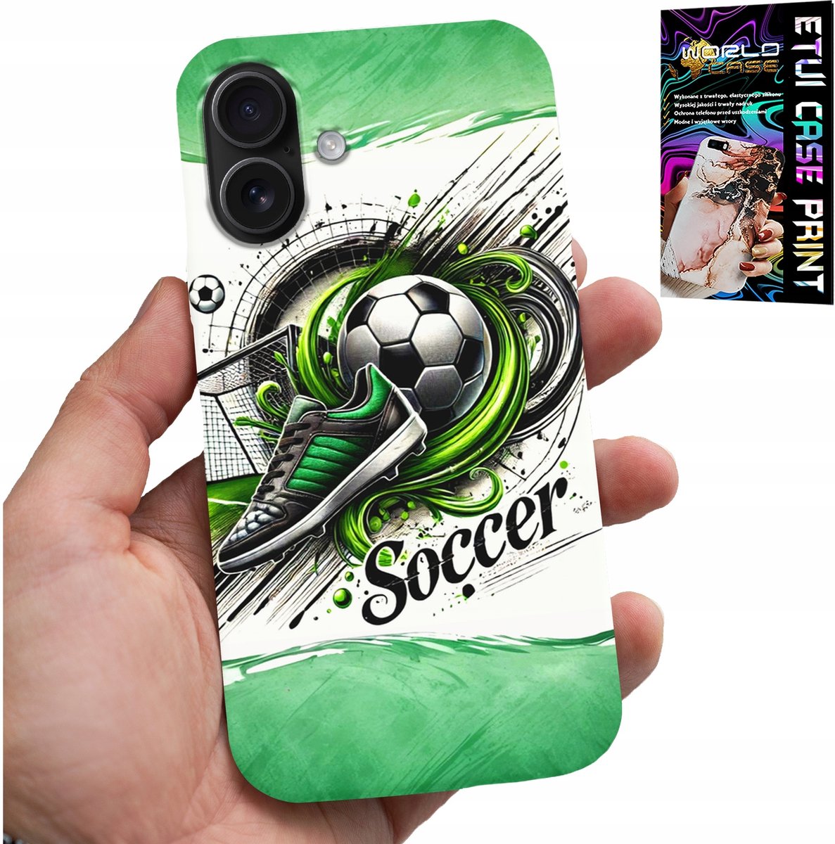 HOESJE VOOR IPHONE 16 PLUS - VOETBAL, VOETBALHOESJE + GLAS