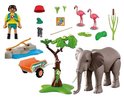 Olifant, dierentuinverzorger, flamingo's, boom, kruiwagen en diverse accessoires voor een dierentuin speelset.
