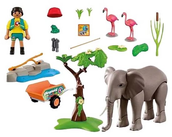 Olifant, dierentuinverzorger, flamingo's, boom, kruiwagen en diverse accessoires voor een dierentuin speelset.