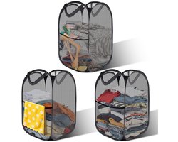 3x Opvouwbare wasmand 36x36x58 cm – Pop-up wasmand zwart – Draagbare wasgoed mand van netstof voor badkamer en camping