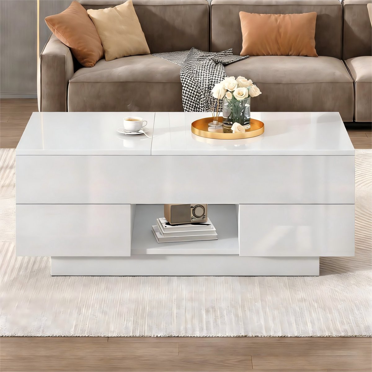 Wishdor - Salontafel - In Hoogte Verstelbaar Met Klapblad En 2 Laden - Modern - Voor Woonkamer - Spaanplaat - Wit - 100 X 45 X 43 Cm