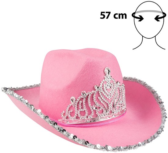 Roze cowboyhoed met zilveren paillettenrand, strass-tiara en maataanduiding.