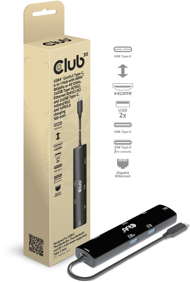 Club 3D USB-C® 10Gbps, 6-in-1 Hub with HDMI™ 8K60Hz or 4K120Hz, 2xUSB Type-A(10G), Ethernet RJ45(2.5G) and 2xUSB-C®, 1x Data(10G) and 1xPD3.0 charging 100 watt