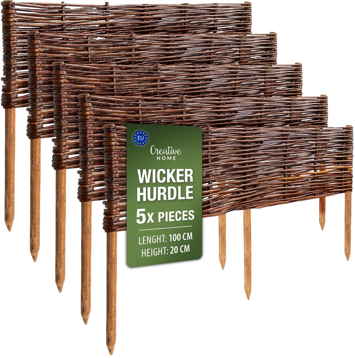 Creative Home rieten bedrand rieten schutting set van 5 | 100 x 20 cm (+/- 1 cm) | tuinafscheiding bedrand piket schutting | gazonafscheiding bedrand | decoratieve schutting tuin