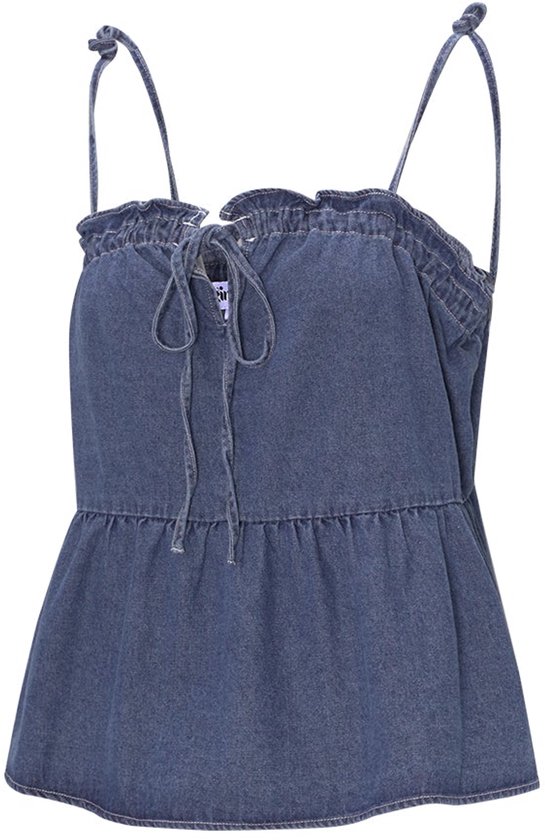 Blauw denim peplum top met striksluiting aan de voorkant en ruches.