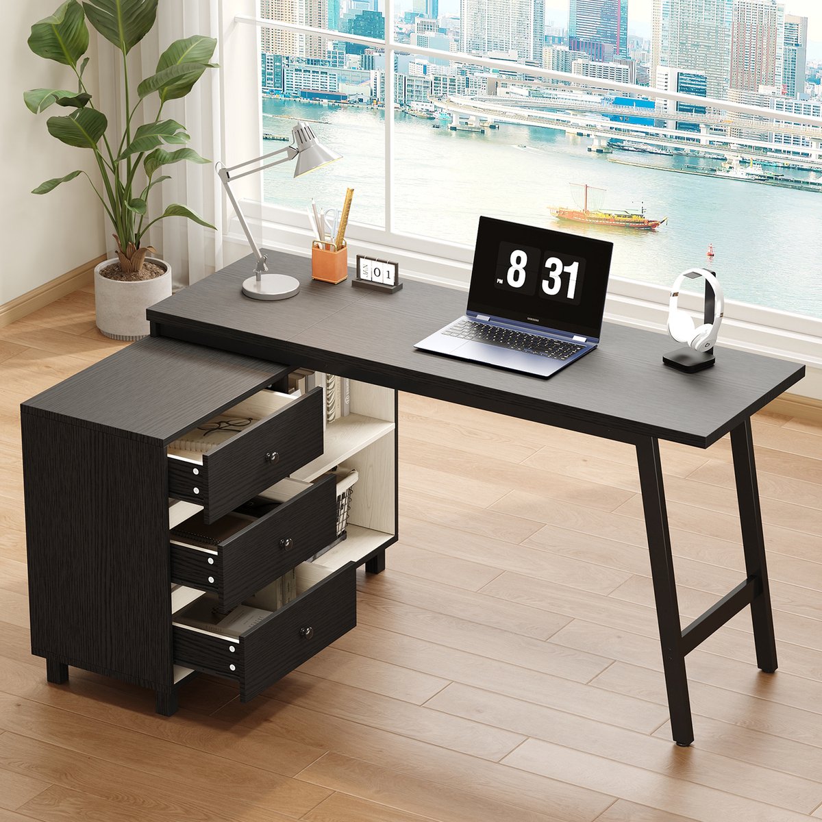 OKWISH Hoekbureau – L-Vorm Met 3 Laden En 2 Open Vakken – Voor Thuiswerk En Studie – MDF En Metaal Zwart Wit – 150x100x76 cm