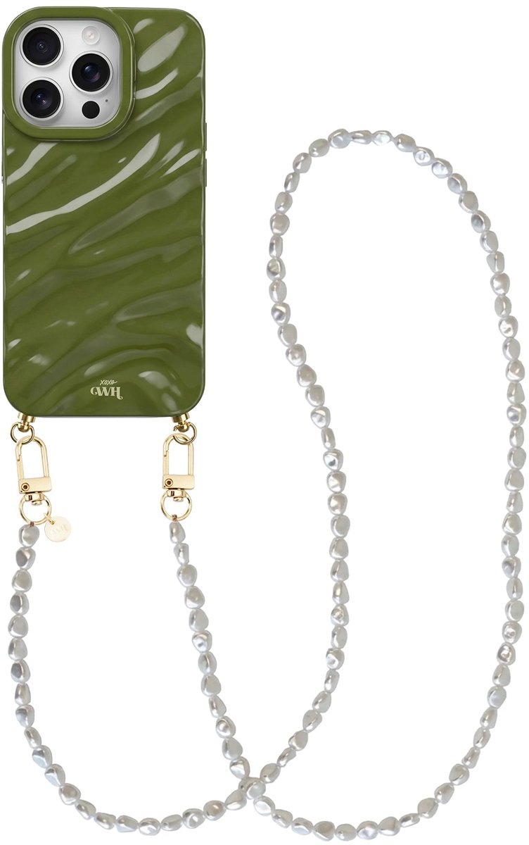xoxo Wildhearts Glaze Cord Case Groen - Geschikt voor iPhone 13 Pro Max - Pearlfection - Lang koord - Glimmend siliconen telefoonhoesje met plooien - Dream hoesje met koord - Parelketting - Telefoonkoord