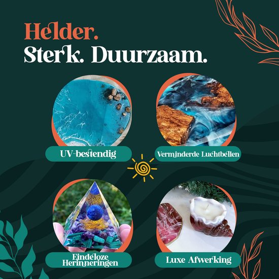 Afbeeldingen van epoxy creaties: blauw met schelpen, marmerlook met hout, paarse piramide met edelstenen, schelpvormige kaars.