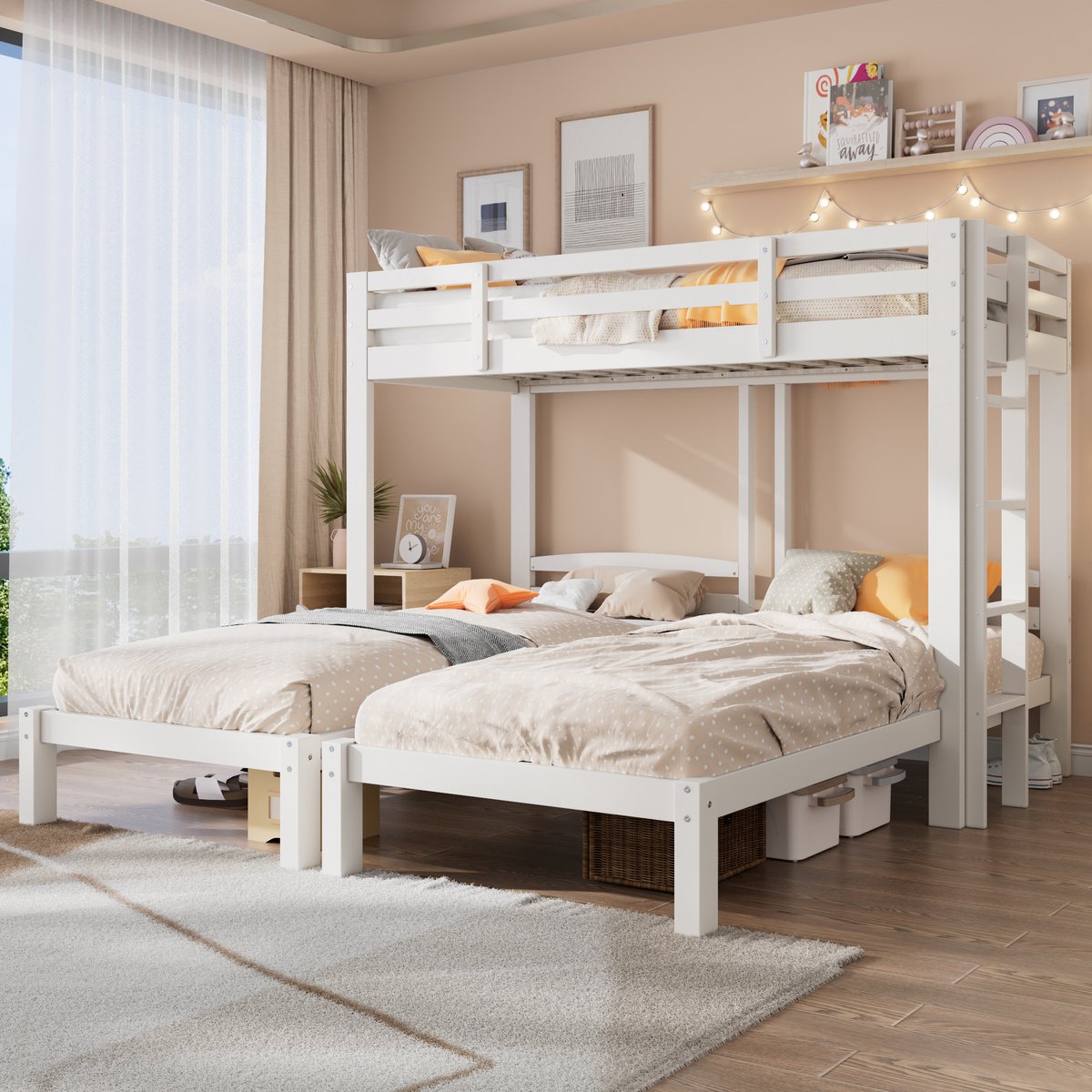 MODENUIT Driepersoons stapelbed 90x200 cm – Zijladder links/rechts monteerbaar – Hek rondom – Massief hout – Zonder matras – Wit