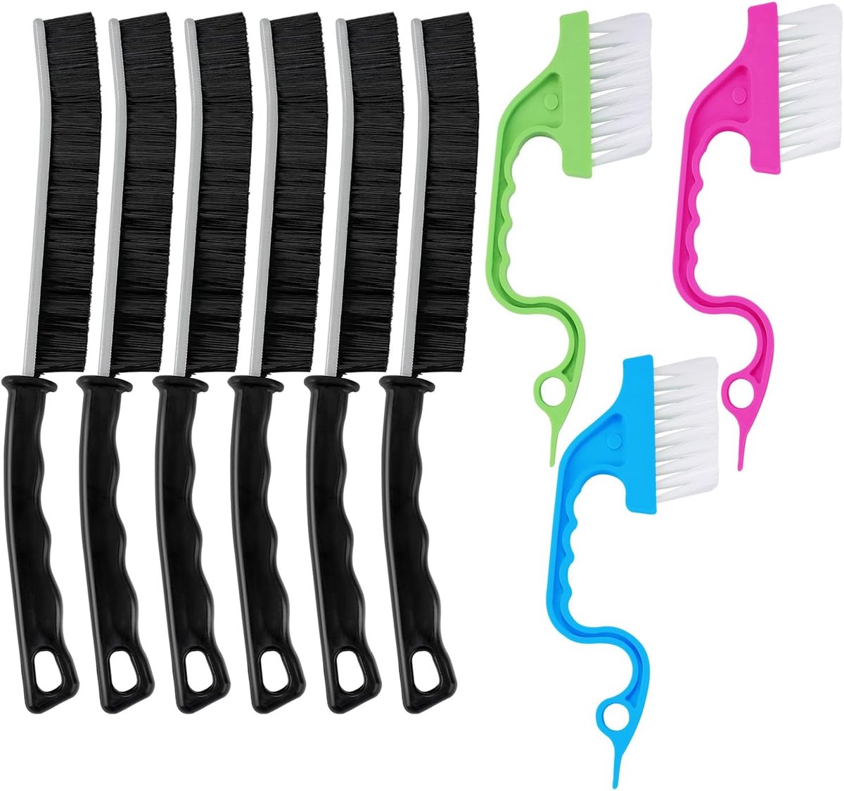 Kierrengoot Borstel - Smalle Reiniger - Badkamer Reinigen - 9 Delige Set - 24cm Lengte - Zwart