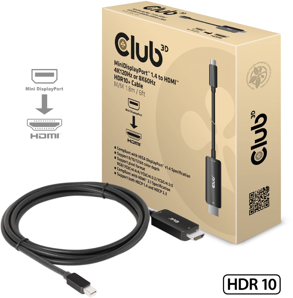 CLUB3D MiniDisplayPort 1.4 to HDMI 4K120Hz or 8K60Hz HDR10+ Cable M/M 1.8m / 6ft
