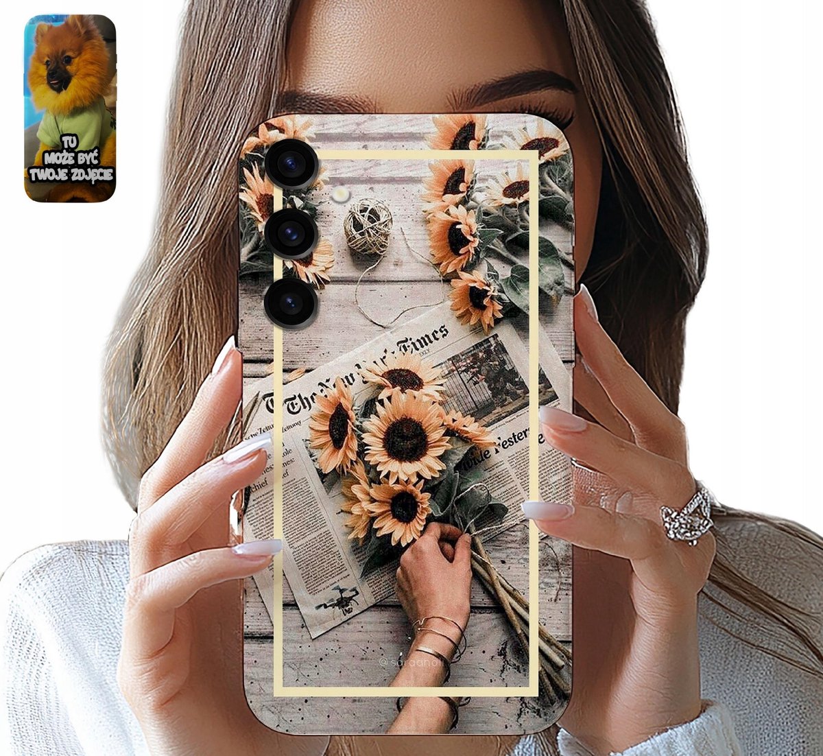 Hoesje voor Samsung Galaxy S24, zonnebloemmotief voor dames, elegant design + glas