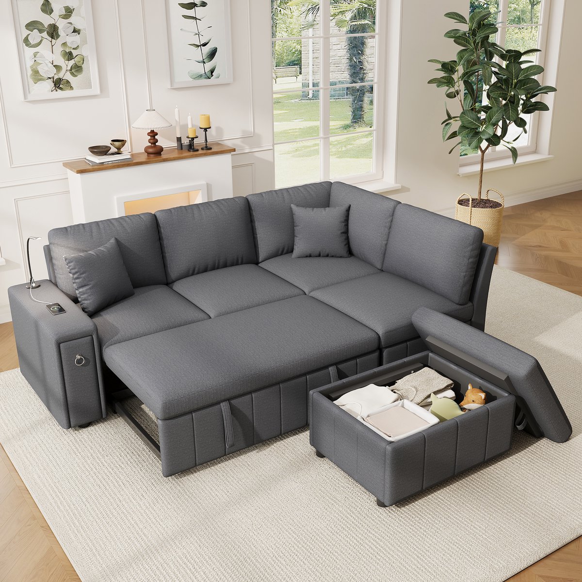 OKWISH Hoekbank 213 x 184 cm - Modulaire Slaapbank Met Opbergruimte, Usb C En Leeslamp - Woonkamer - Linnen - Grijs